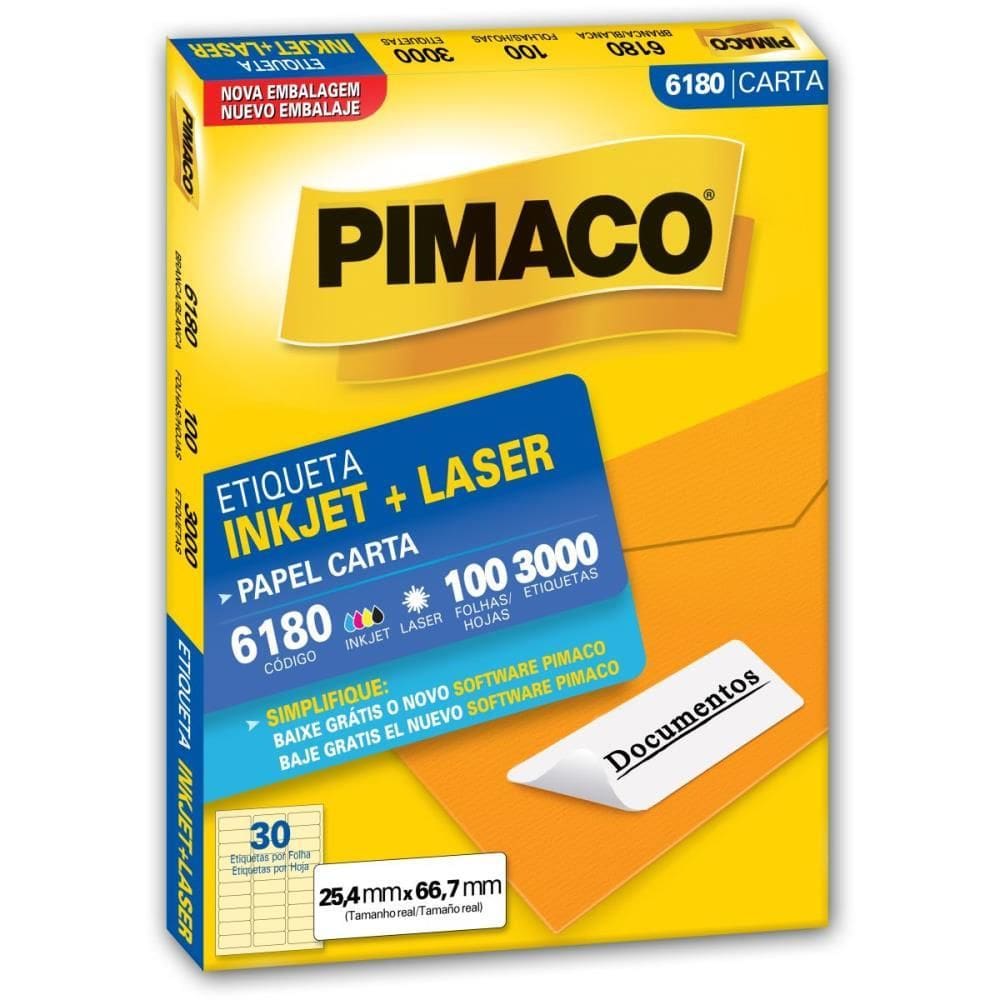 Etiqueta Carta 6180 100 Fls 25,4 X 66,7 Mm - Pimaco