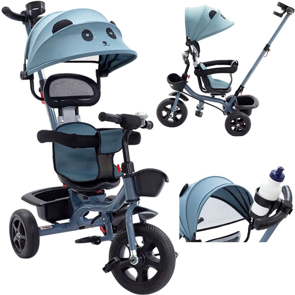 Triciclo Infantil Empurrador 2 em 1 Carrinho de Passeio Bebê Capota 50kg Guia Auxiliar Cesto Rodas Azul