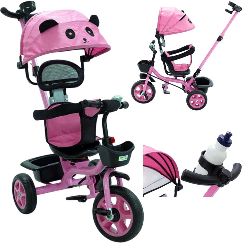Triciclo Infantil Empurrador 2 em 1 Carrinho de Passeio Bebê Capota 50kg Guia Auxiliar Cesto Rodas Rosa