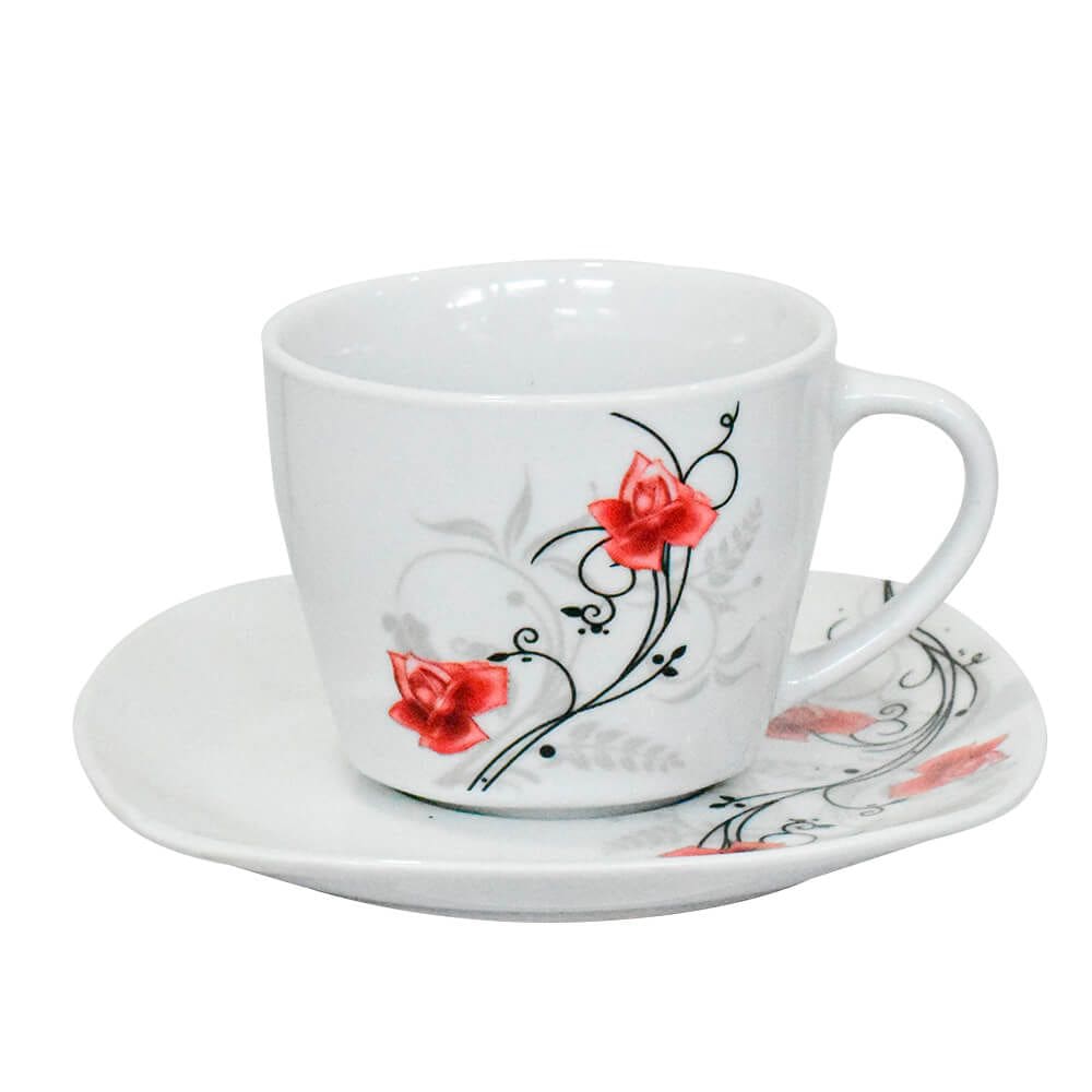Conjunto de Xícara e Pires de Porcelana Rosas - Brilho de Diamante 2 peças