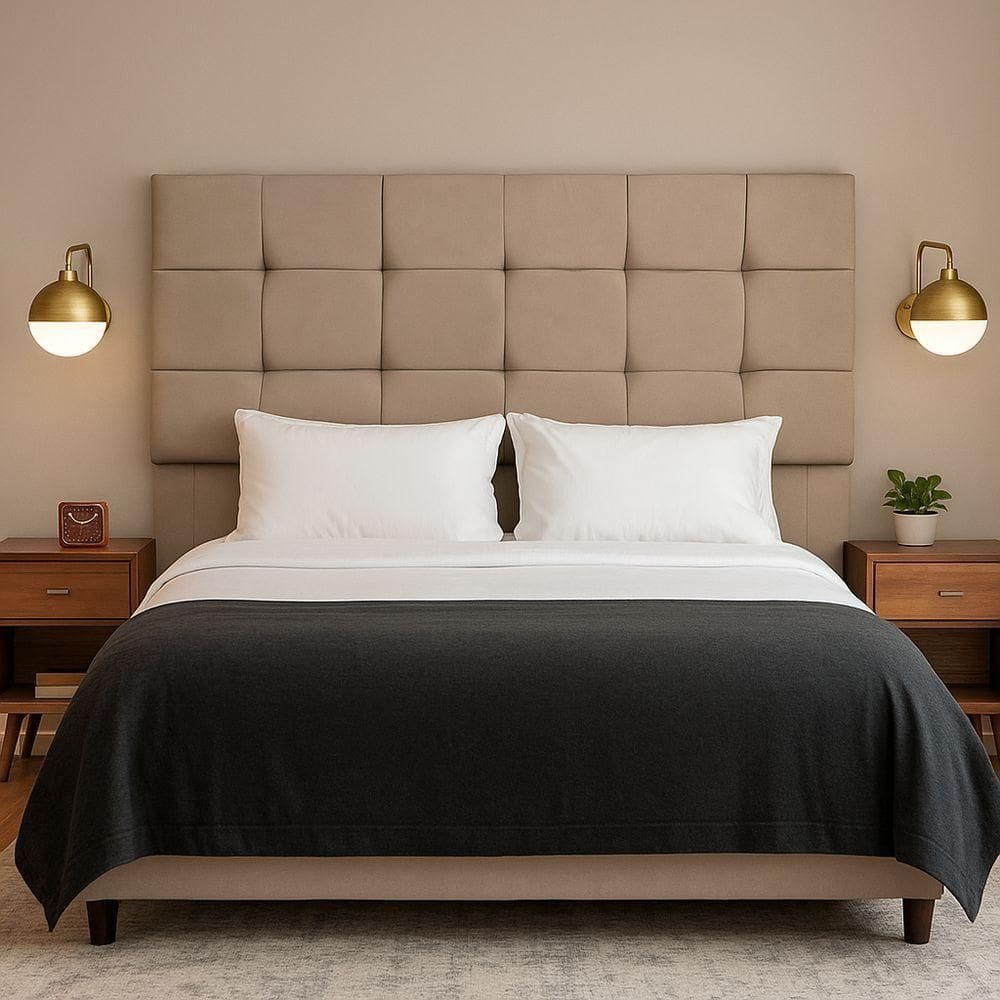 Cabeceira Cama De Casal 140 Cm Naiara Em Suede Com Frame Bege Escuro