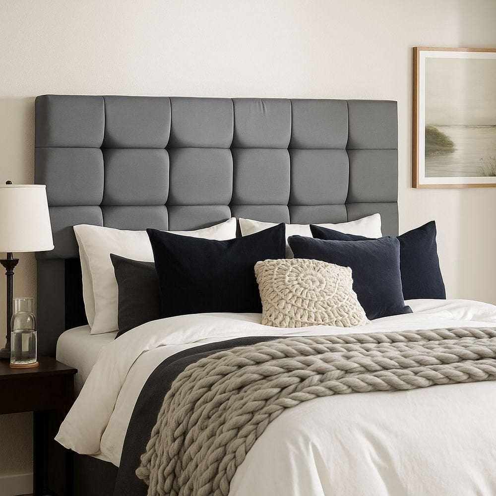 Cabeceira Cama De Casal 140 Cm Naiara Em Suede Com Frame Cinza