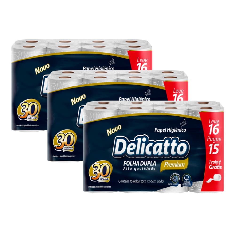 Kit 3 Pacotes Papel Higiênico Delicatto Folha Dupla Neutro com 16 Rolos 30 Metros Barato