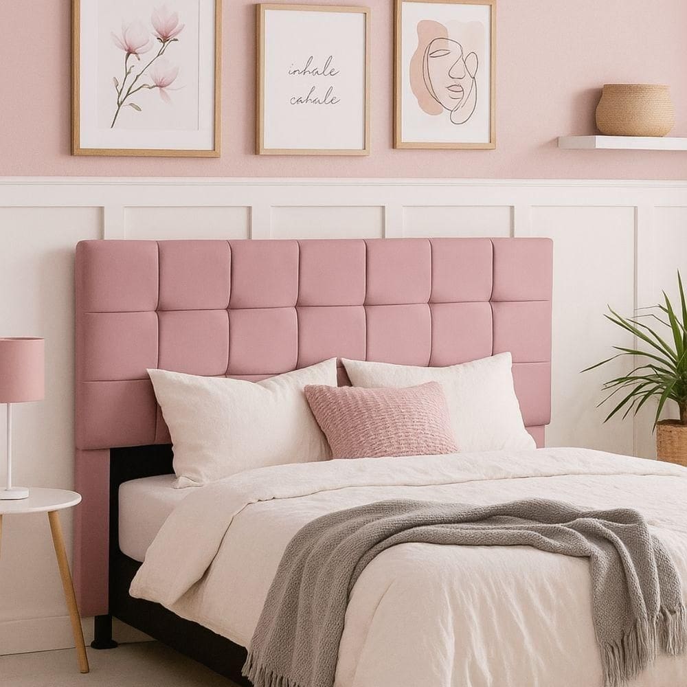 Cabeceira Cama De Casal 140 Cm Malta Em Suede Com Frame Rosa