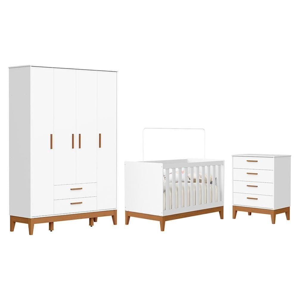 Dormitório Infantil Flip Guarda Roupa 4 Portas, Cômoda 4 Gavetas E Berço Branco Fosco - Reller Móveis Branco Fosco