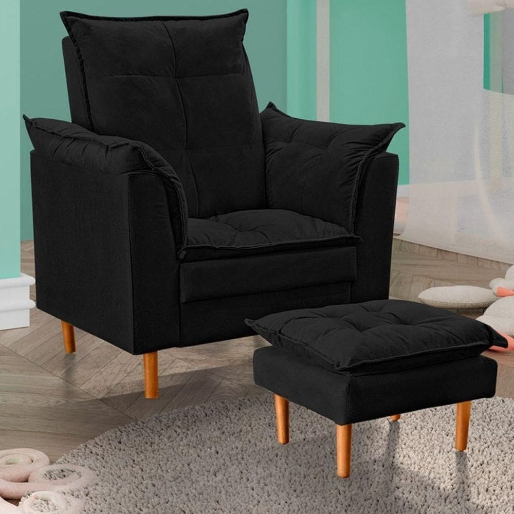 Poltrona De Amamentação Loana Com Puff Suede Preto