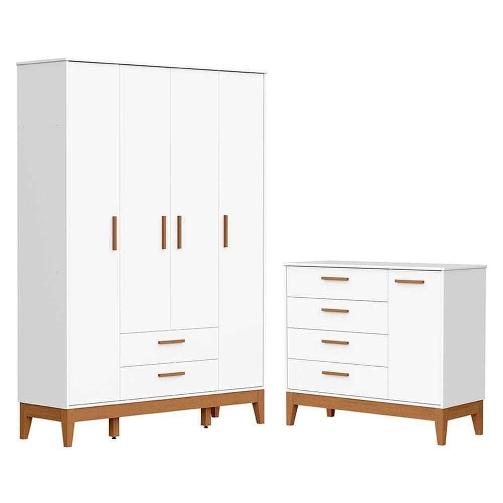Jogo De Quarto Infantil Flip Guarda Roupa 4 Portas E Cômoda 1 Porta Branco Fosco - Reller Móveis Branco Fosco