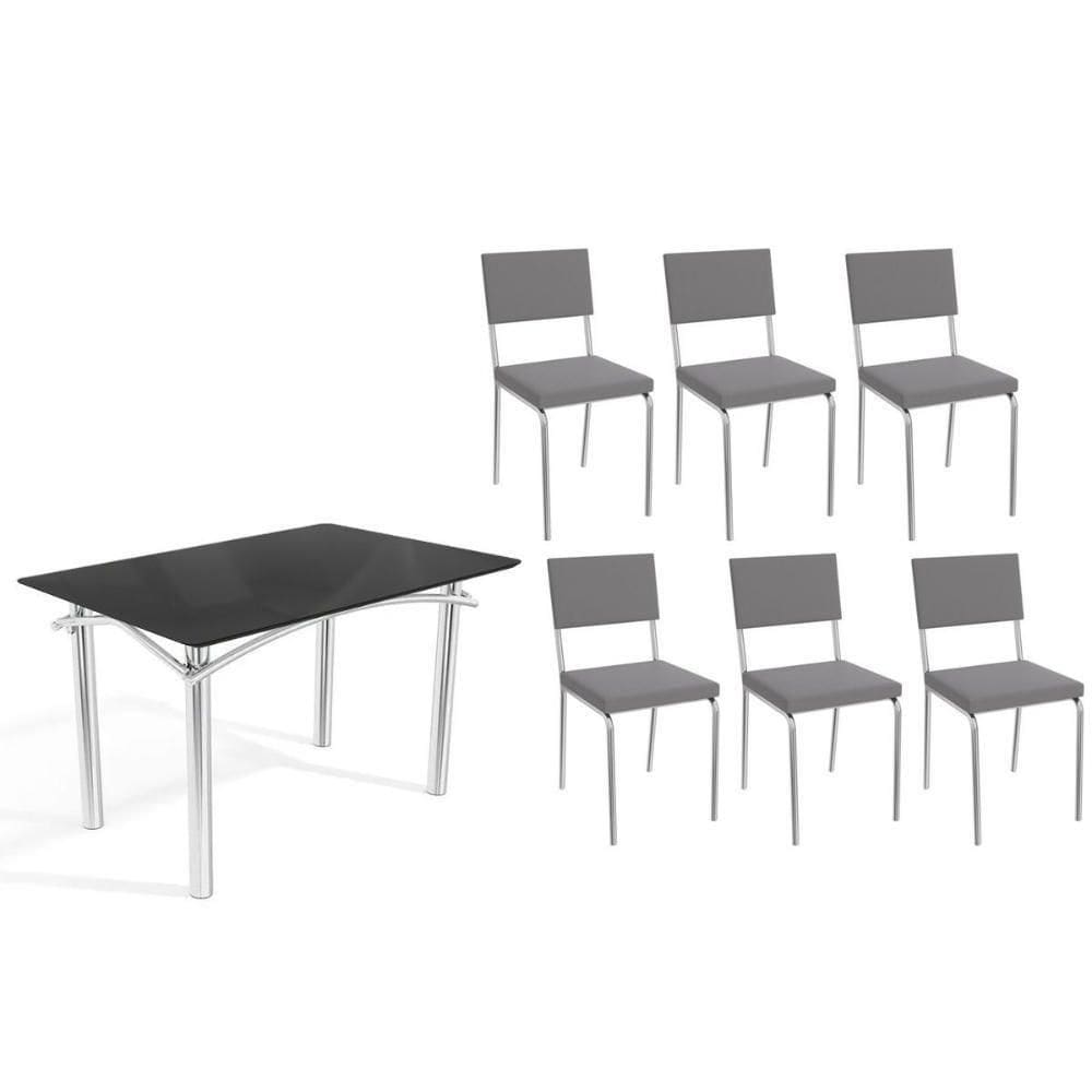 Sala De Jantar Completa Elba Tampo Madeirado C/ Vidro 120cm E 6 Cadeiras Zaria Cromada/preto - Suede Cinza - Kappesberg