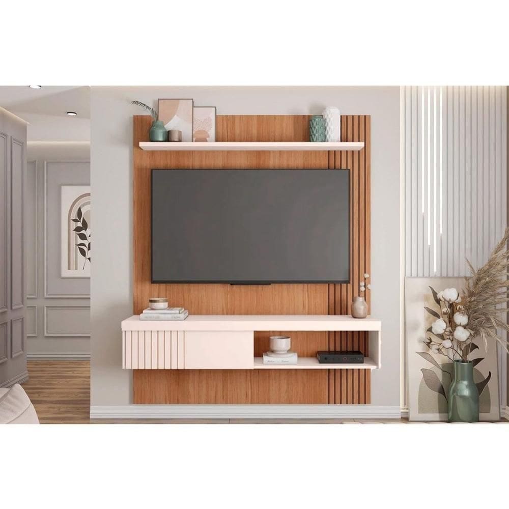 Rack Bancada C/ Painel P/ Tv Até 65 Pol Jade Ripada 150x183cm Freijo/off White - Caemmun