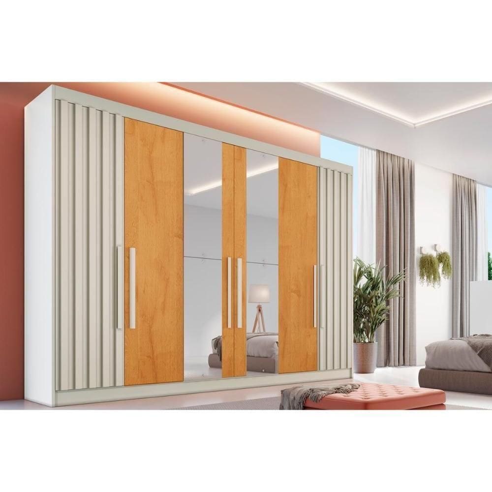 Guarda Roupa 6 Portas (2 Ripadas E 2 C/ Espelho) E 6 Gavetas Potente Off White/peroba - Europa