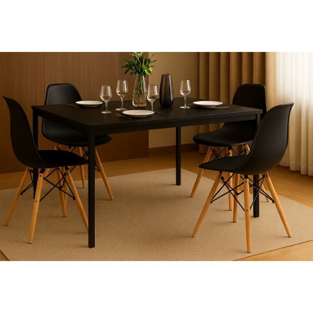 Conjunto Mesa Preta 120x80cm com 4 Cadeiras Eames Pretas Sala de Jantar Moderna
