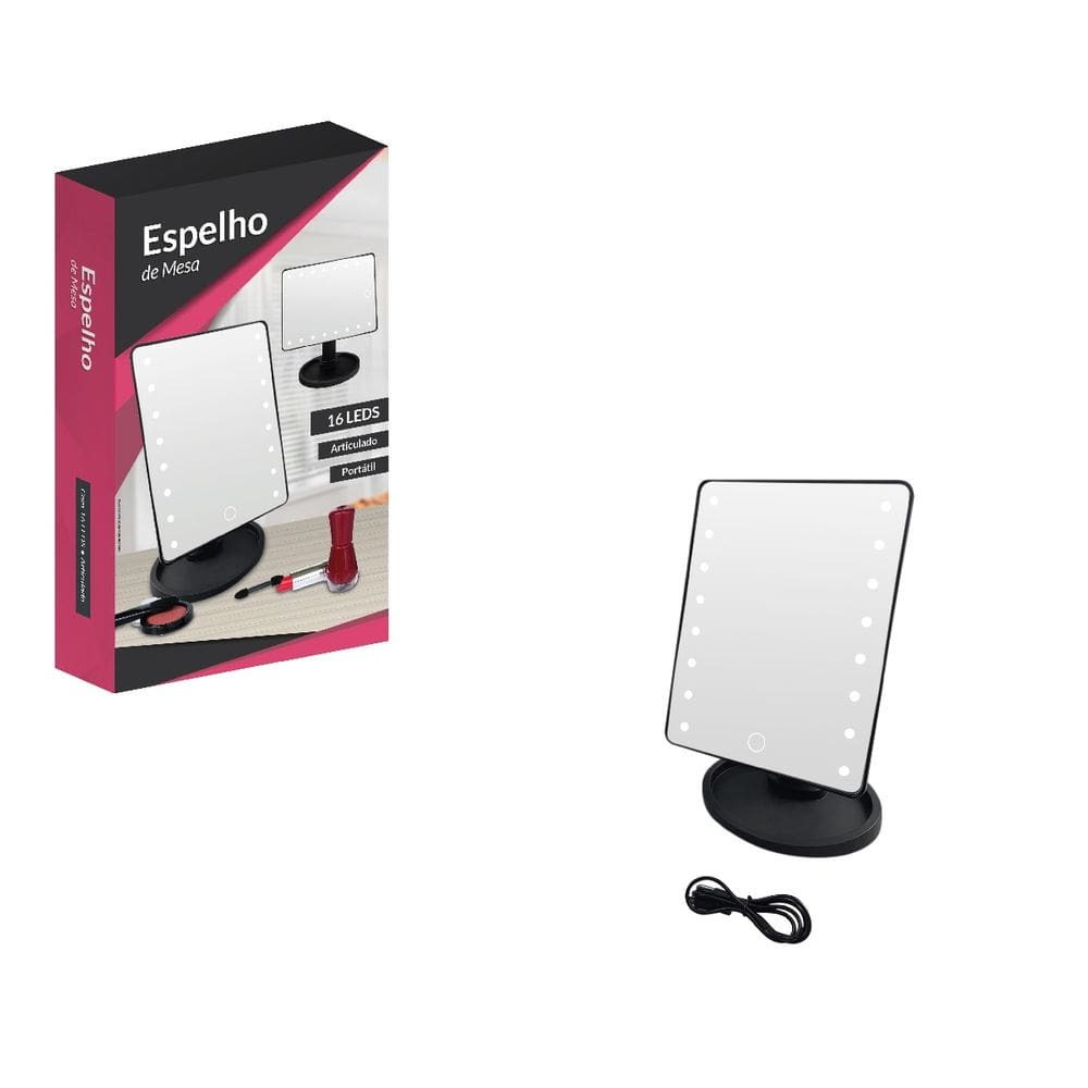 Espelho De Mesa Articulado Preto 360º Portátil Mini Camarim 16 Led