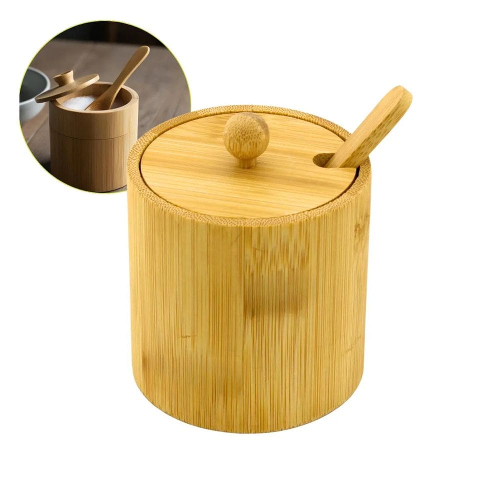 Pote De Açúcar Sal Mantimento Luxo Com Colher Bambu Temperos
