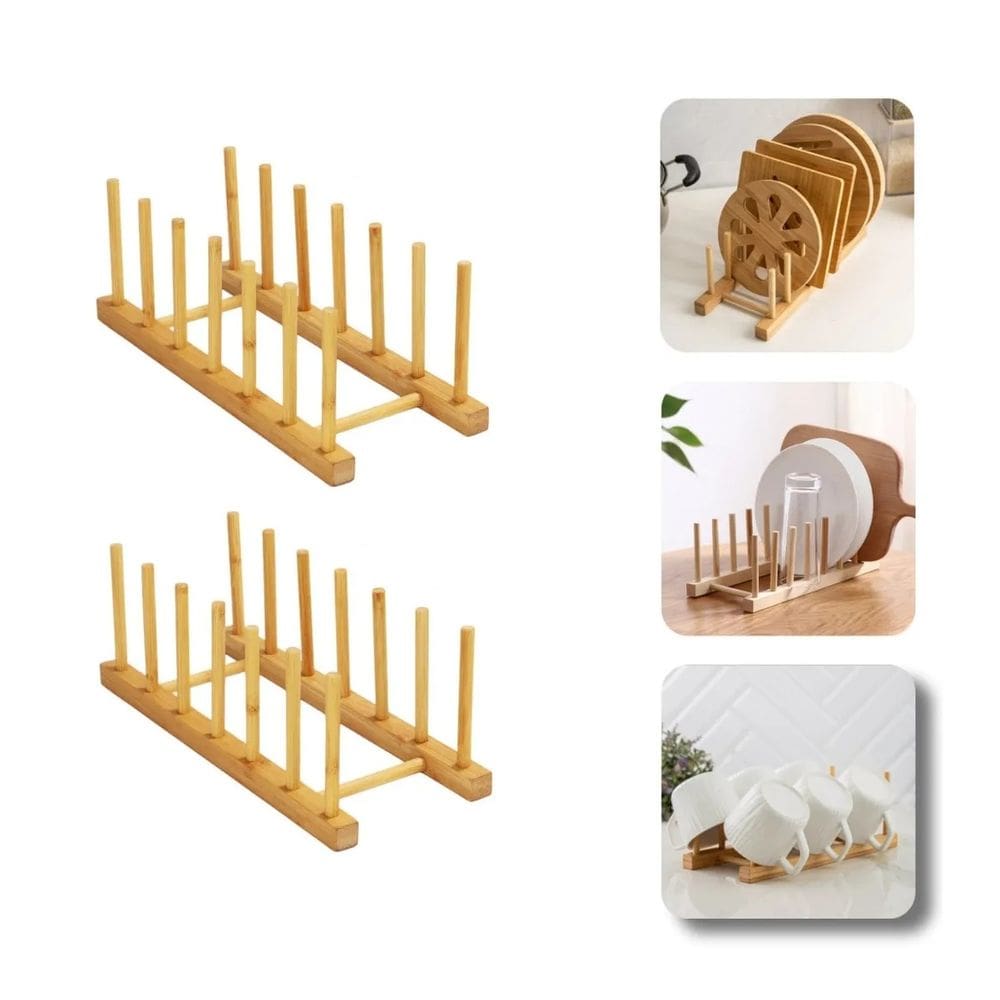 Kit 2 Escorredor Organizador Suporte Bambu Porta 6 Pratos