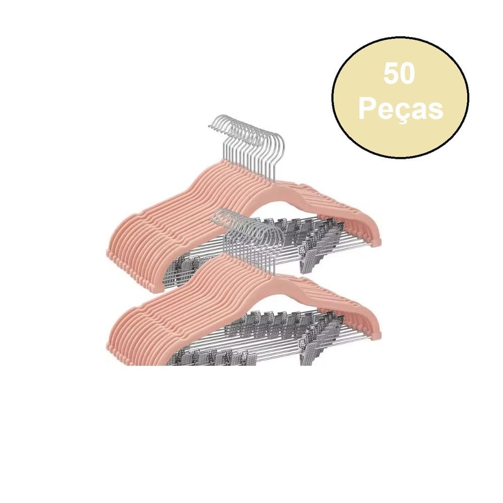 Conjunto de Cabide de Veludo com Presilha 50 peças Rosa