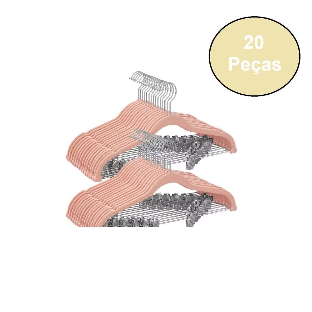 Conjunto de Cabide de Veludo com Presilha 20 peças Rosa