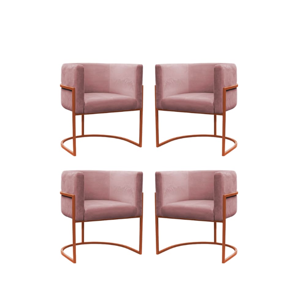 Kit 4 Poltronas Reforçadas Decorativa Sala Carla Base Ferro Bronze Suede Rose