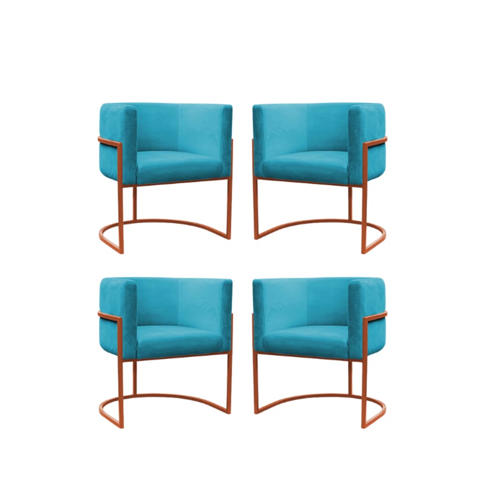 Kit 4 Poltronas Reforçadas Decorativa Sala Carla Base Ferro Bronze Suede Azul Tifany