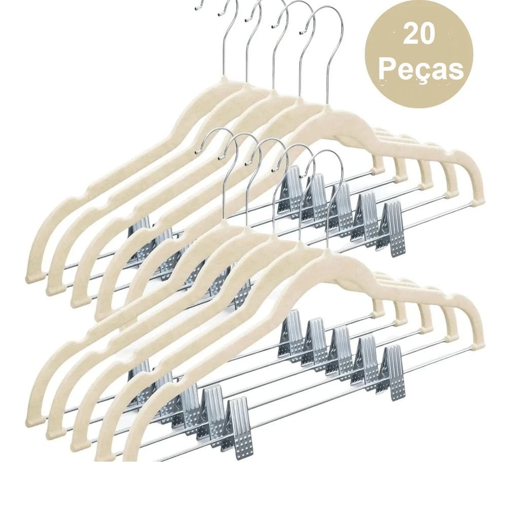 Conjunto de Cabide de Veludo com Presilha 20 peças Bege