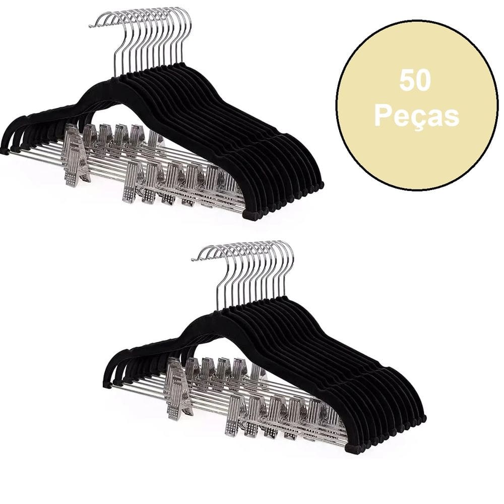 Conjunto de Cabide de Veludo com Presilha 50 peças Preto