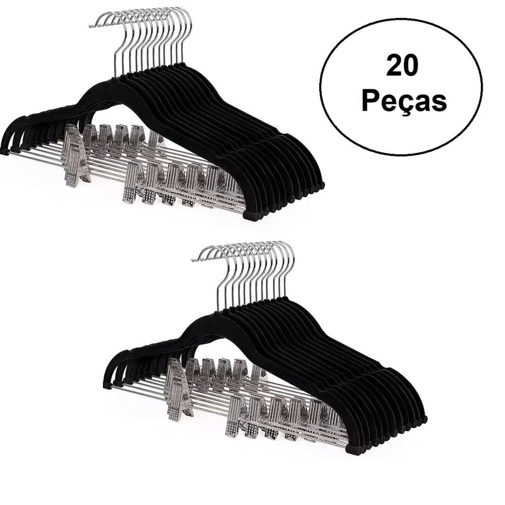 Conjunto de Cabide de Veludo com Presilha 20 peças Preto
