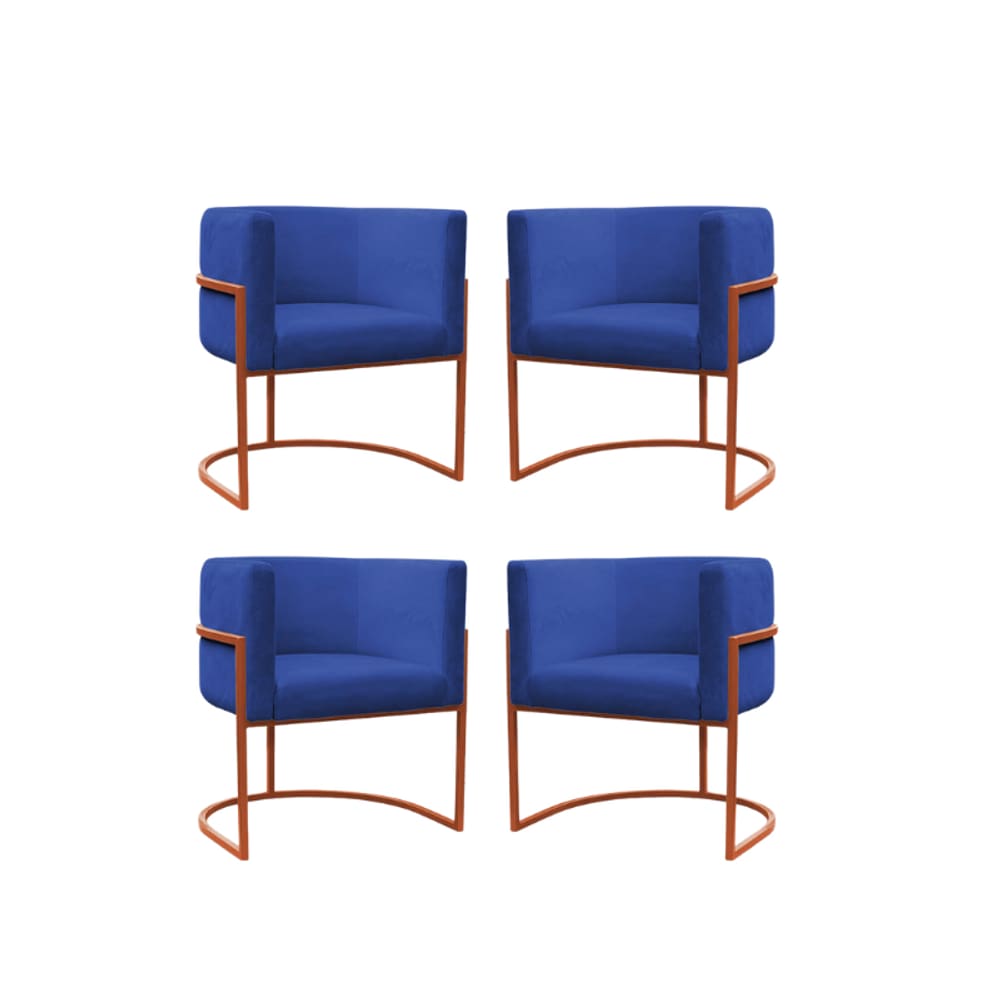 Kit 4 Poltronas Reforçadas Decorativa Sala Carla Base Ferro Bronze Suede Azul Marinho