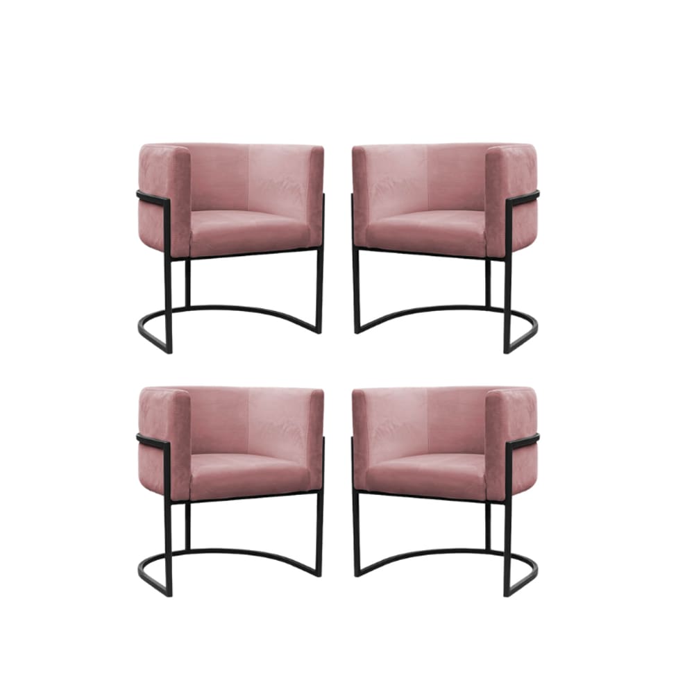 Kit 4 Poltronas Reforçadas Decorativa Sala Carla Base Ferro Preta Suede Rose