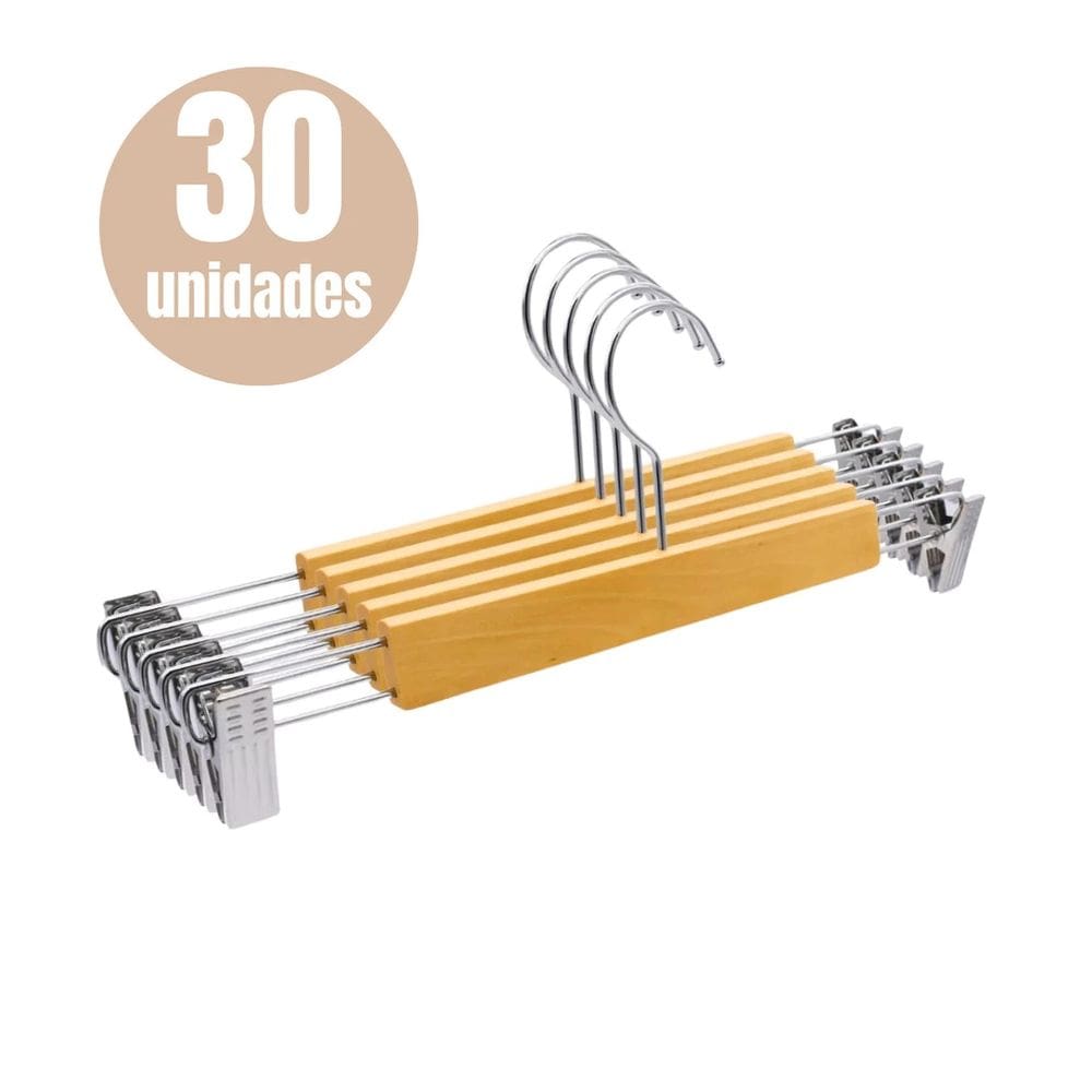 Kit 30 Cabides Madeira Presilha Envernizado Adulto Premium Calça Vestido Saia Bermuda