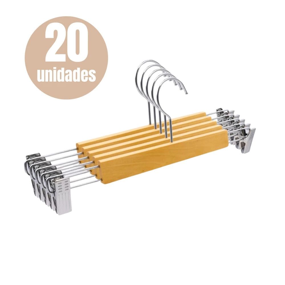 Kit 20 Cabides Madeira Presilha Envernizado Adulto Premium Calça Vestido Saia Bermuda