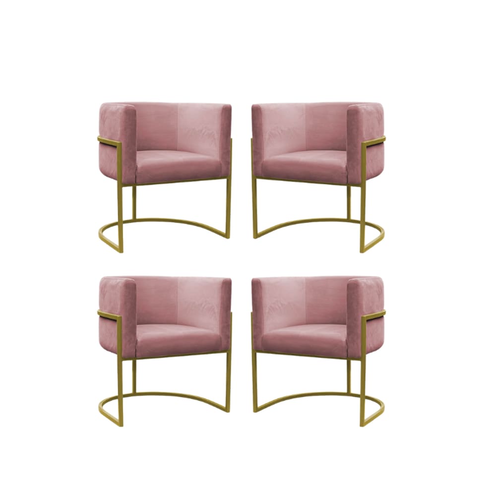 Kit 4 Poltronas Reforçadas Decorativa Sala Carla Base Ferro Dourada Suede Rose