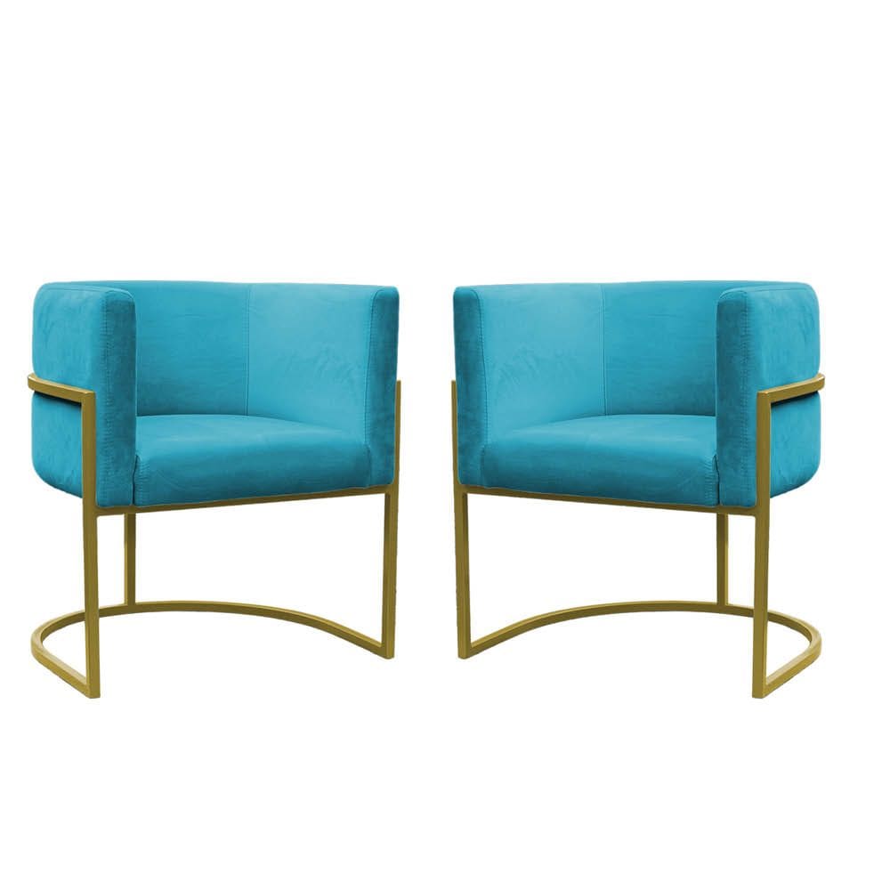 Kit 2 Poltronas Reforçadas Decorativa Sala Carla Base Ferro Dourada Suede Azul Tifany