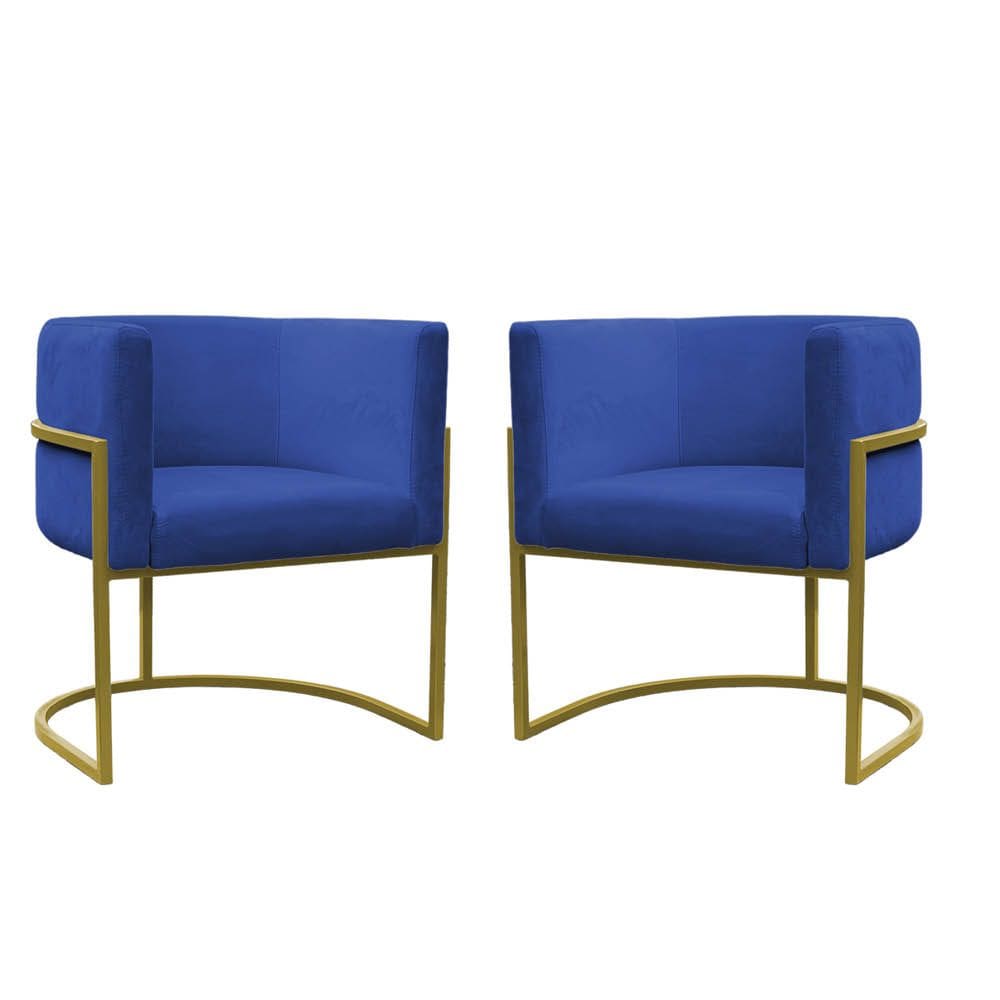 Kit 2 Poltronas Reforçadas Decorativa Sala Carla Base Ferro Dourada Suede Azul Marinho
