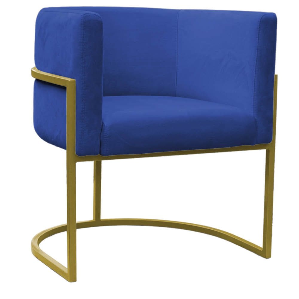 Poltrona Reforçada Decorativa Sala Carla Base Ferro Dourada Suede Azul Marinho