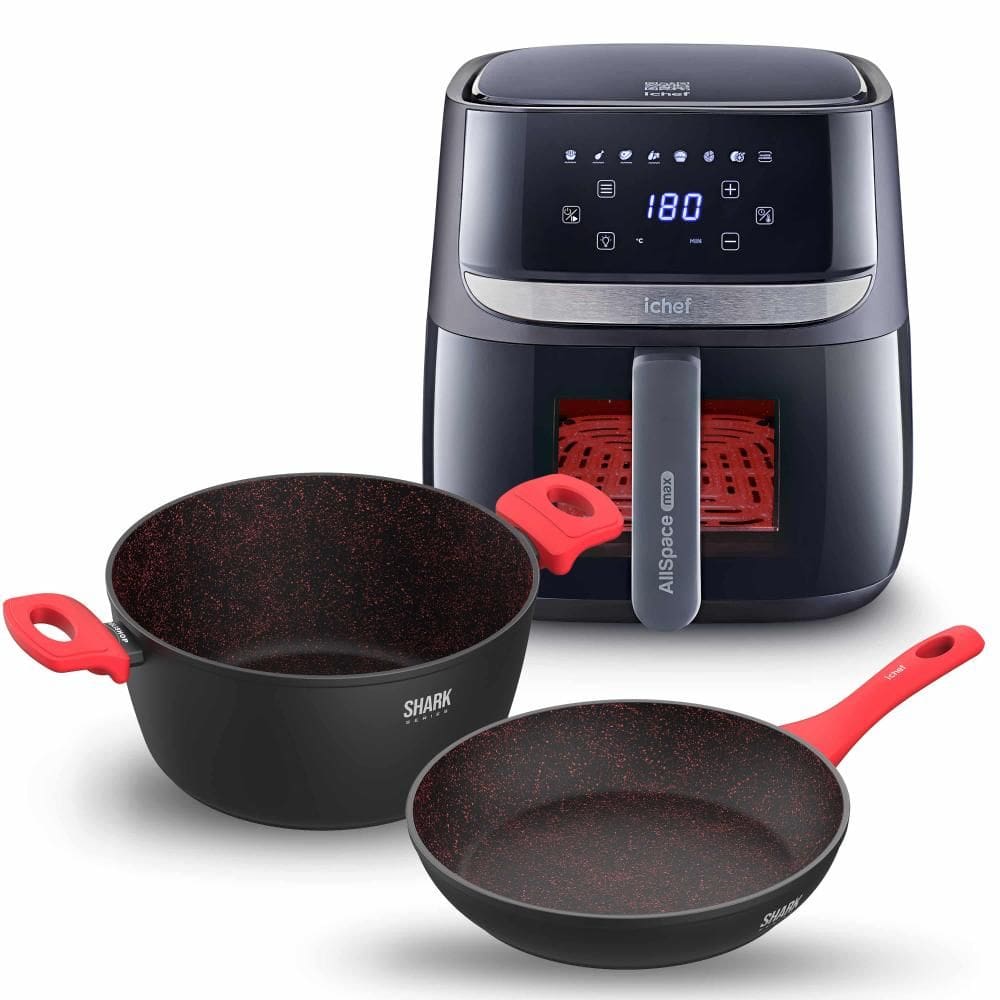 Fritadeira Elétrica Airfryer Vision Max 5,7L e Panelas Ichef Home Sauté Grand e Family Size Vermelha 24cm