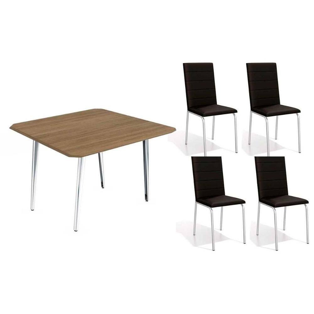 Conjunto: Mesa Sala Jantar Iguaçu c/ Tampo de Madeira 90cm + 4 Cadeiras Amsterdã Cromada - Corano Preto - Kappesberg