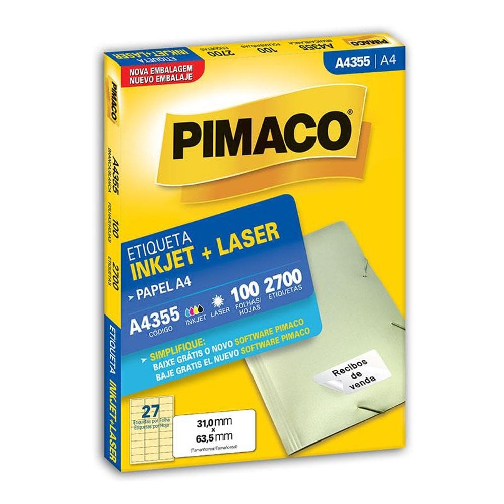 Etiqueta inkjet/laser A4355 com 100 folhas Pimaco