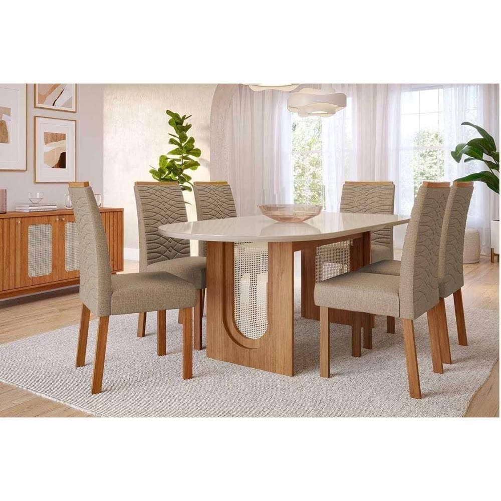 Conjunto: Mesa Sala Jantar Valentina Tampo Madeirado Oval c/ Vidro 210x100cm e 6 Cadeiras Clarice Cinamomo/Off White - Carvalho/Linho Bege - Cimol
