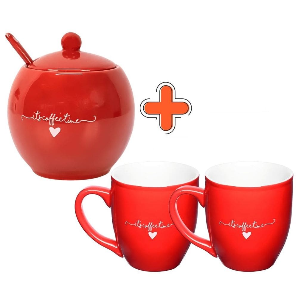 Kit  L`amour Açucareiro com Colher 350ml  e 2 Canecas 300ml em Porcelana Vermelha