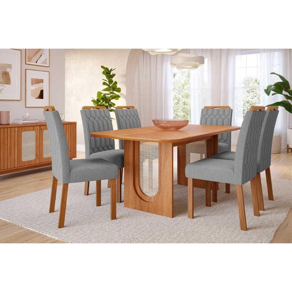 Conjunto: Mesa de Cozinha Valentina Tampo Madeirado 180x90cm e 6 Cadeiras Paola Cinamomo - Carvalho/Linho Grafite - Cimol