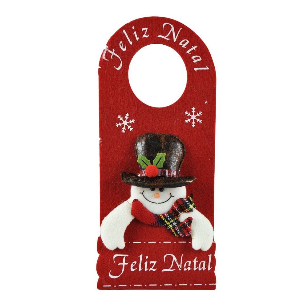 Enfeite Decora Maçaneta Feliz Natal Pelúcia Boneco de Neve Gorro Xadrez 30cm - Master Christmas