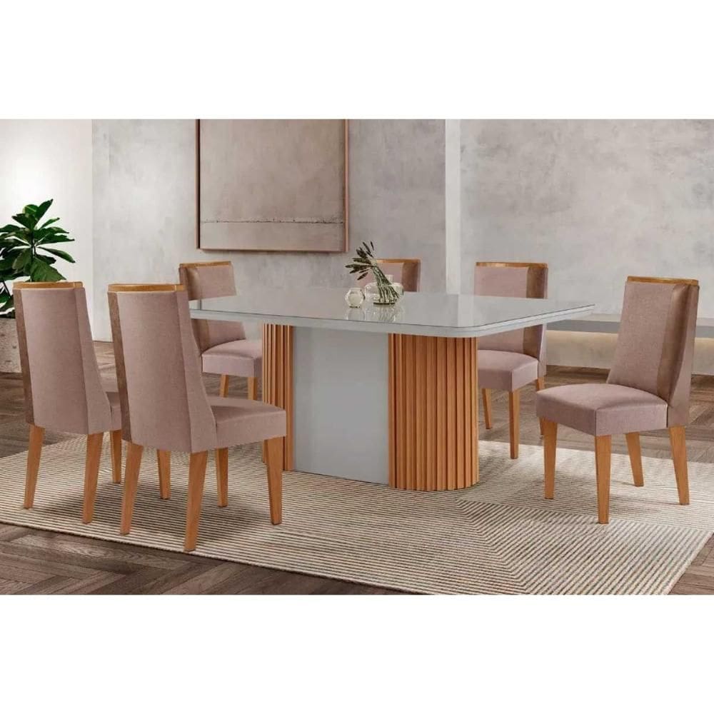 Mesa Cozinha Pilar c/ Tampo Madeirado c/ Vidro Canto Curvo 180x90cm e 6 Cadeiras Tilia Madeira Maciça Naturale/Off White - Capuccino/Linho Capuccino-R