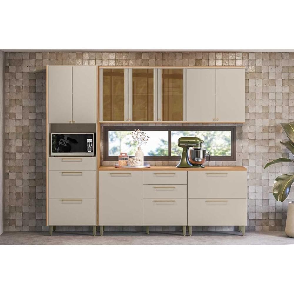 Cozinha Modulada Completa Atena 5 Peças (2Aéreos+2Balcões+1Paneleiro) CP28 Jequitiba/Off White Fosco - Linea Brasil