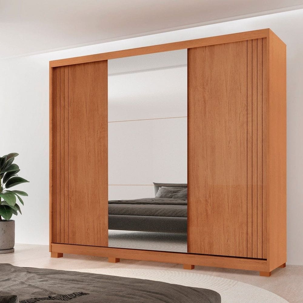 Guarda-roupa Casal 100% Mdf 3 Portas de Correr 4 Gavetas 6 Prateleiras com Pés e Espelho Chile Naturalle