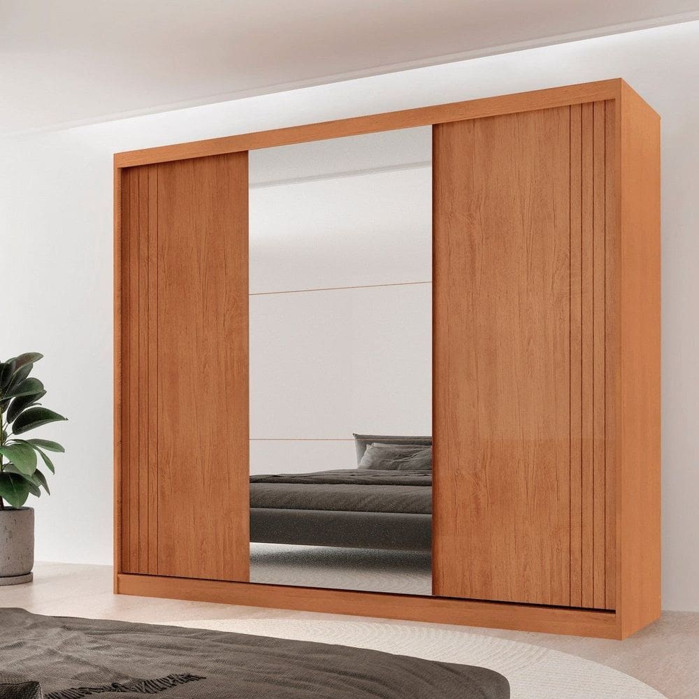 Guarda-roupa Casal 100% Mdf 3 Portas de Correr 4 Gavetas 6 Prateleiras com Espelho Chile Naturalle