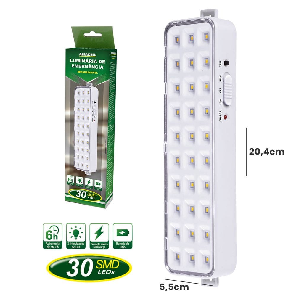 2 Luminária De Emergência Alfacell Recarregável 30 Leds Branco