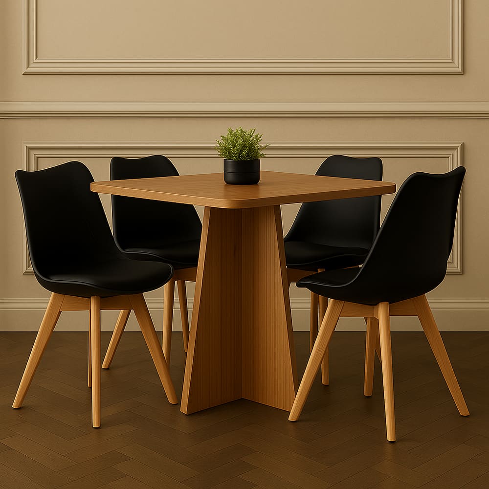 Conjunto Mesa de Jantar Quadrada 90cm com 4 Cadeiras Pretas Pés de Madeira – Design Moderno e Sofisticado