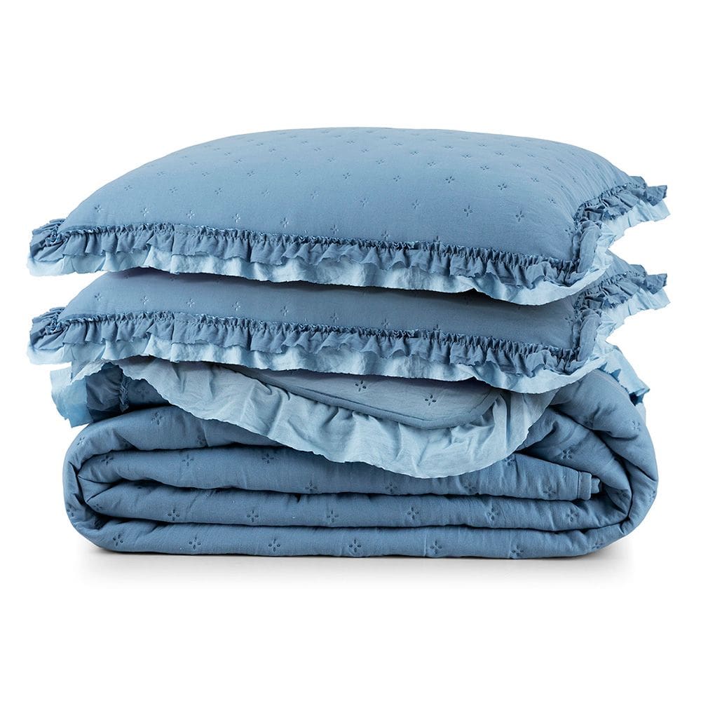 Cobre Leito Casal Micropercal 200 Fios com Babado Malvinni Azul - 3 Peças