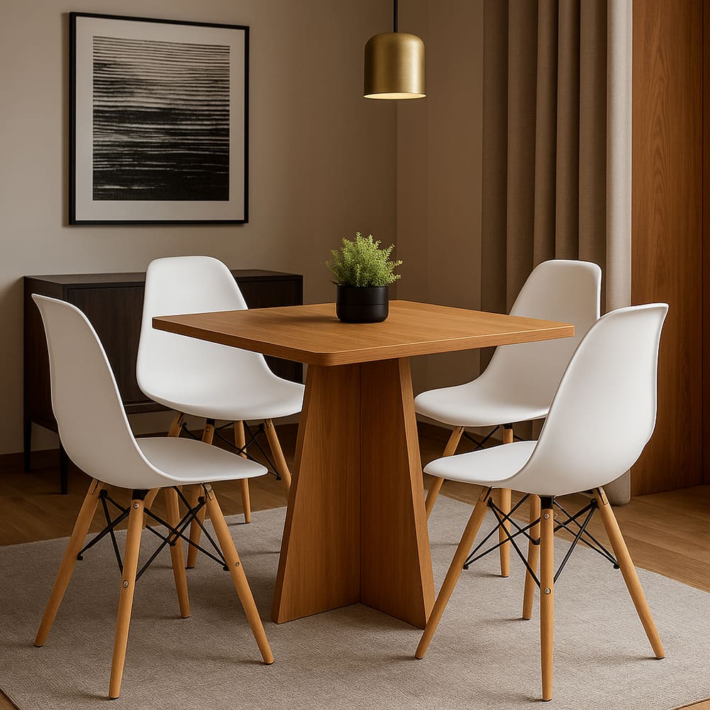 Conjunto Mesa de Jantar 90cm Quadrada em Madeira+4 Cadeiras Eames Brancas Pés de Madeira