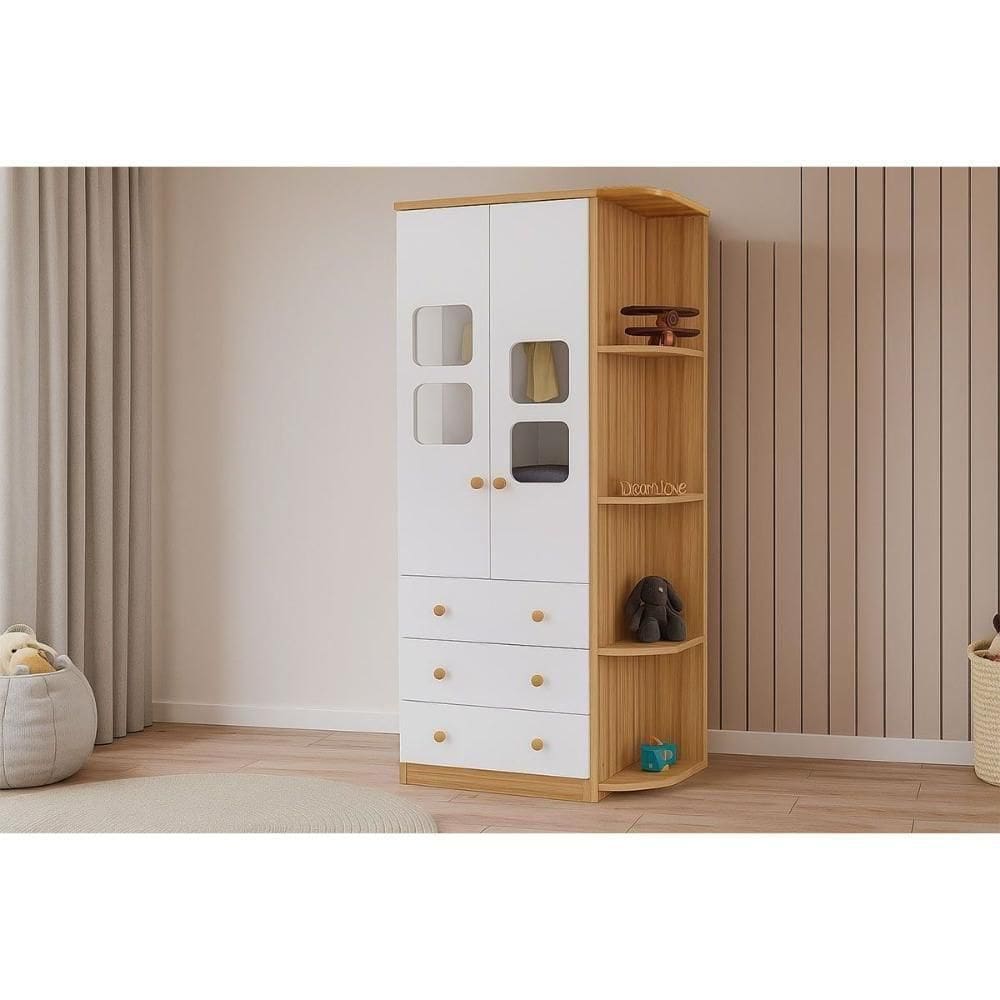 Guarda Roupa Infantil C/ 2 Portas Cristal E 3 Gavetas Uli Branco/amendoa - Peroba
