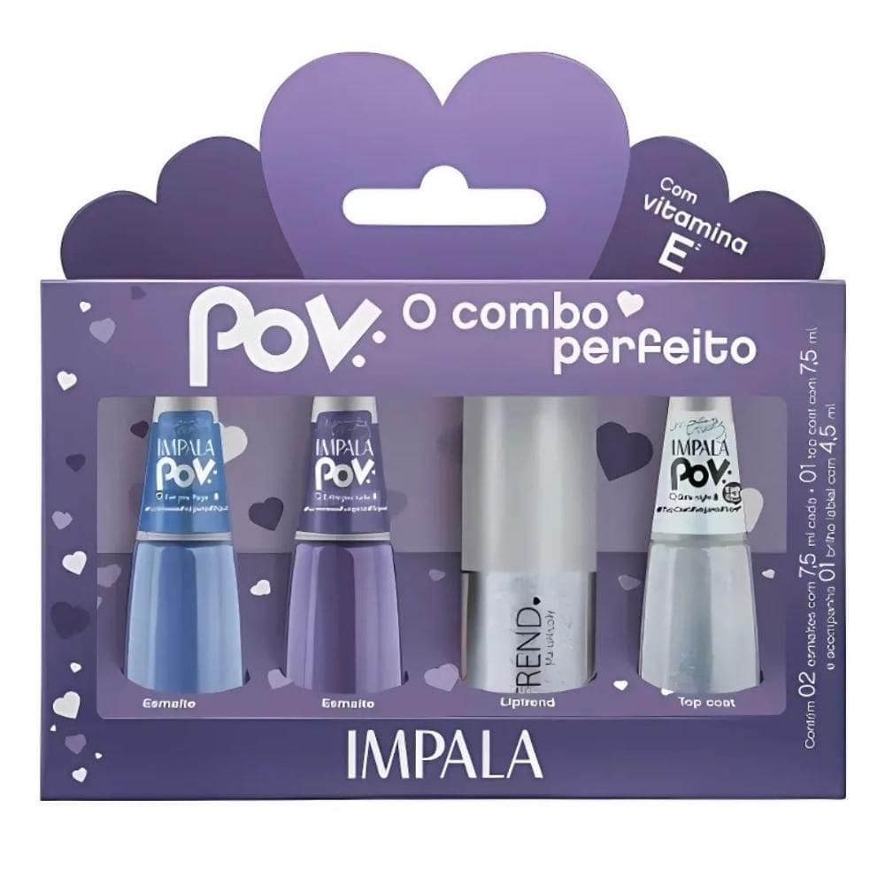 Kit Impala Pov 2.3 Maria Nicolly: 2 Esmaltes, 1 Top Coat e 1 Gloss Labial